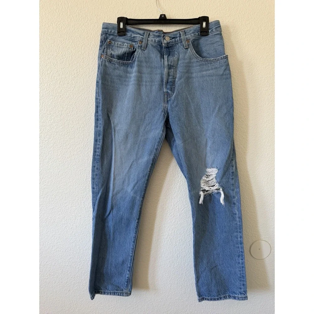 Levis Premium 501 W31 L28 Blue Cotton Ripped Straight‎ Leg Jeans Y2K